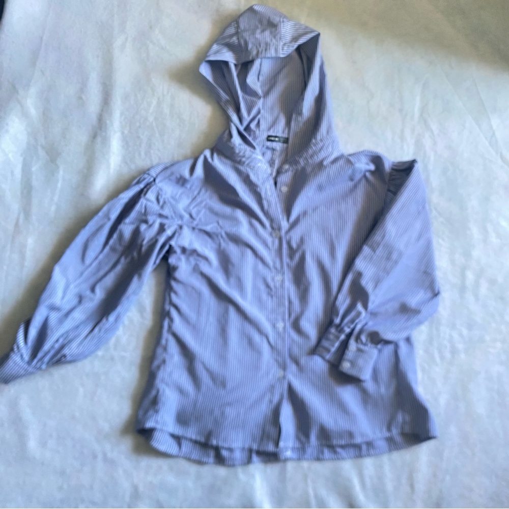 Shein Women's Light Blue Striped Hooded Button Down Shirt Jacket